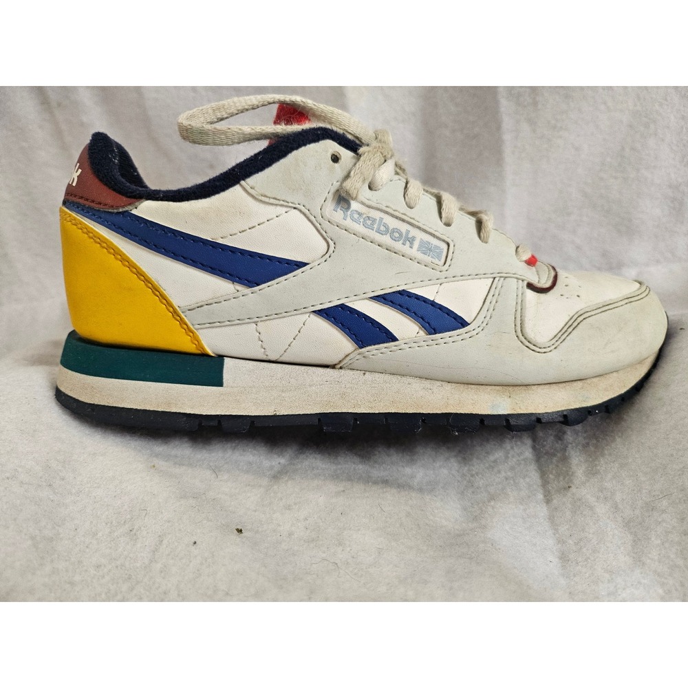 Reebok Classic Leather Multi-Color Shoes Cream Yellow Blue Boys/Mens 4.5